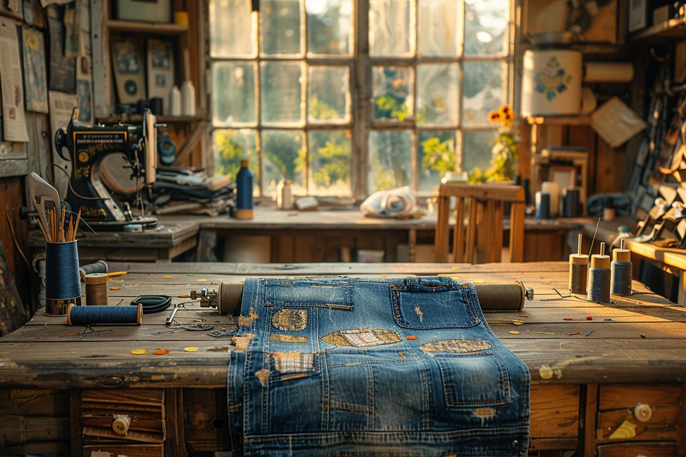 denim sewing workspace with threads and tools