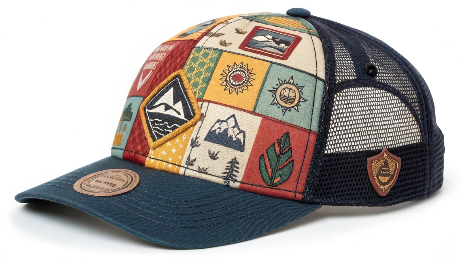 one mixed differnt patches trucker hat