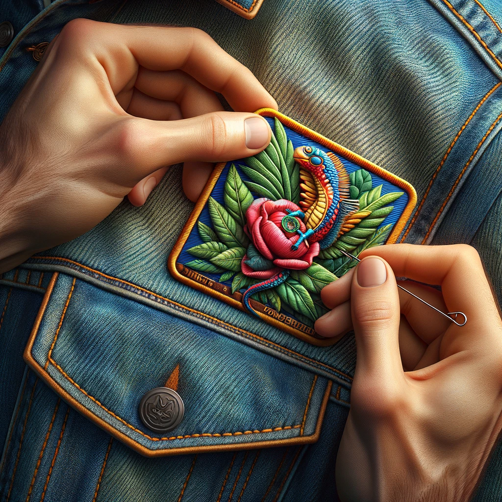 dall·e 2024 03 06 10.12.17 a realistic image depicting a person attaching a pin patch to a denim jacket. the image should show the persons hands securing the pin at the back of